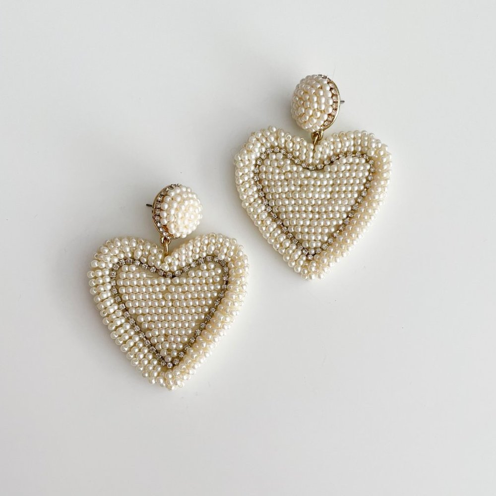 J. Crew Factory Beaded Heart Statement Earrings (Pearl)